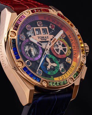 
                  
                    Load image into Gallery viewer, RAWR III TW024I-D1 (Rosegold) with Rainbow Swarovski (Blue/Red Bamboo Leather Strap)
                  
                