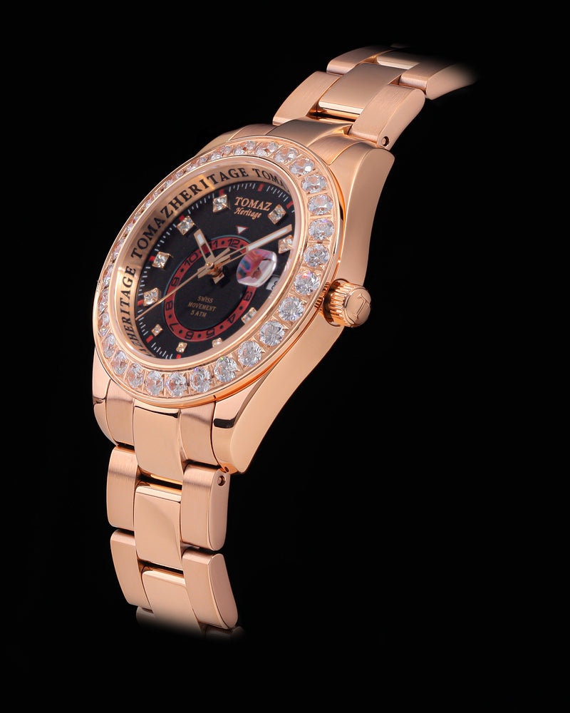 
                  
                    Load image into Gallery viewer, Tomaz Ladies Watch G4L-D7S (Rosegold/Black/Red) with White Swarovski (Rosegold Stainless Steel)
                  
                