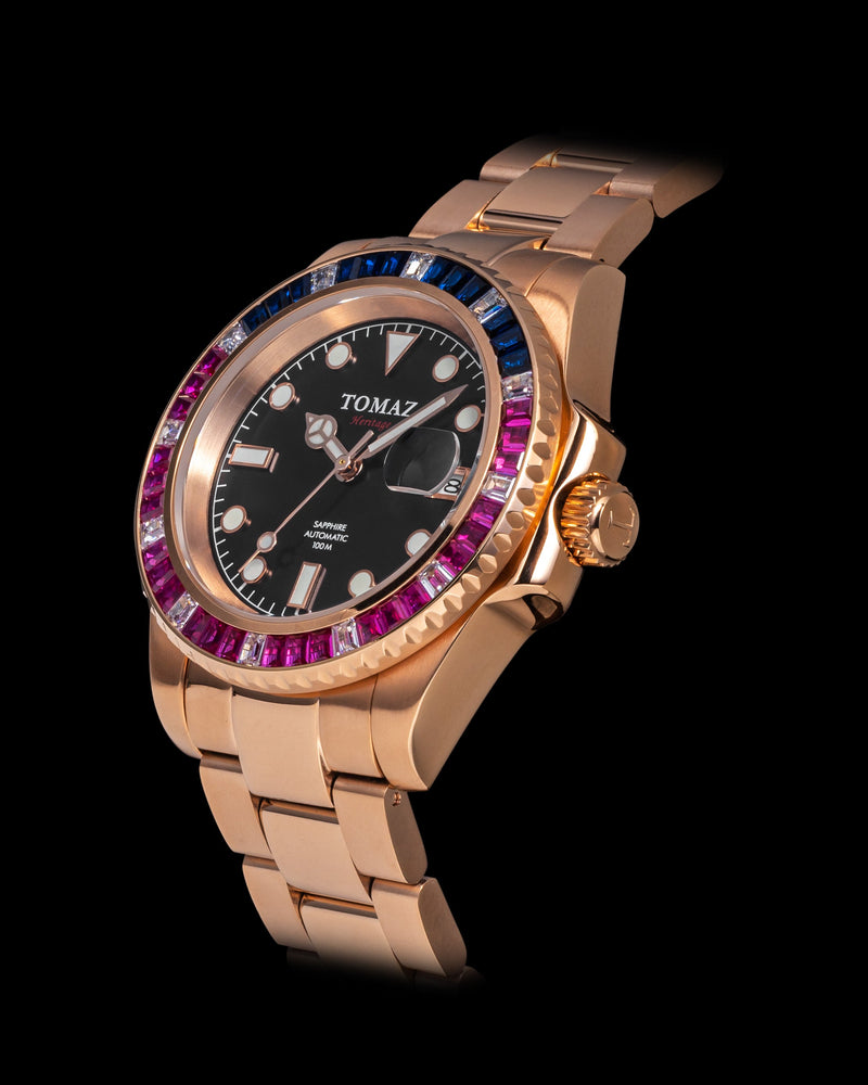 
                  
                    Load image into Gallery viewer, Tomaz Men&amp;#39;s Watch GR01BS-D12 (Rosegold) with Purple Blue White Swarovski (Rosegold Stainless Steel)
                  
                