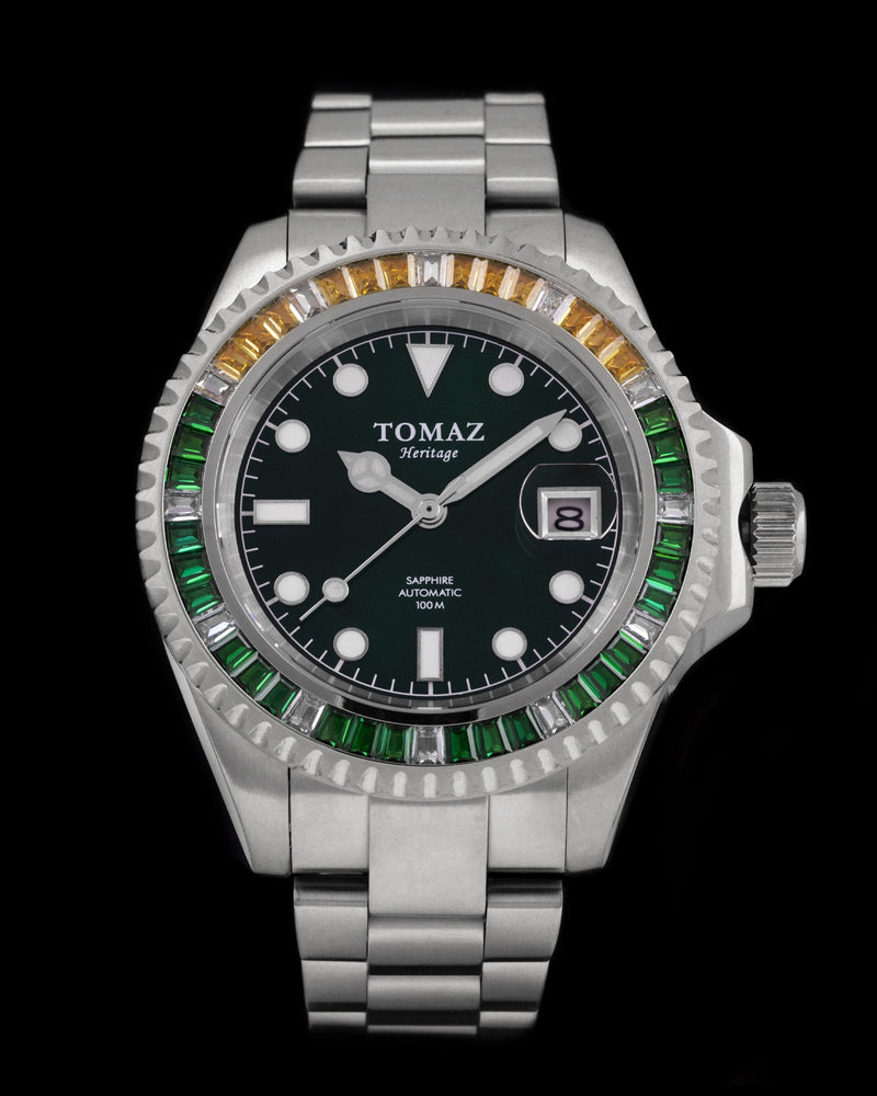 
                  
                    Load image into Gallery viewer, Tomaz Men&amp;#39;s Watch GR01BS-D3 (Silver/Green) with Green Yellow White Swarovski (Silver Stainless Steel)
                  
                