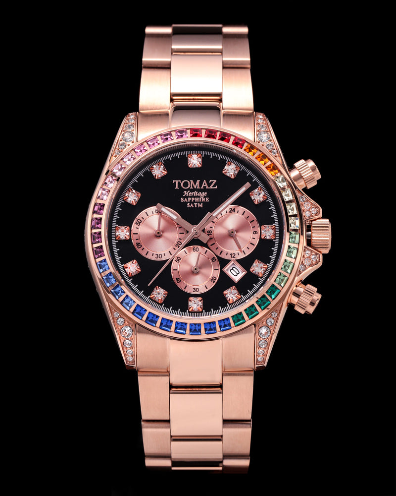 
                  
                    Load image into Gallery viewer, Tomaz Ladies Watch GR02L-D1 (Rosegold/Black) with Rainbow Swarovski (Rosegold Stainless Steel)
                  
                