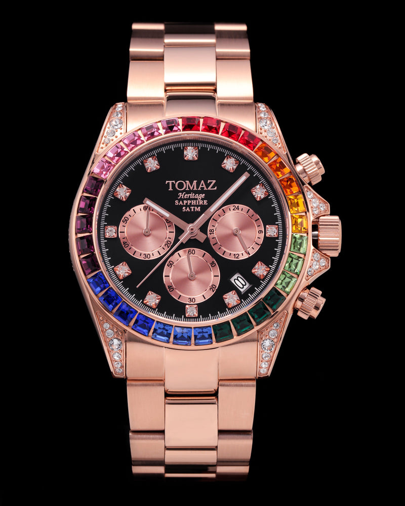 
                  
                    Load image into Gallery viewer, Tomaz Men&amp;#39;s Watch GR02M-D1 (Rosegold/Black) with Rainbow Swarovski (Rosegold Stainless Steel)
                  
                