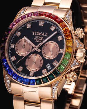 
                  
                    Load image into Gallery viewer, Tomaz Men&amp;#39;s Watch GR02M-D1 (Rosegold/Black) with Rainbow Swarovski (Rosegold Stainless Steel)
                  
                