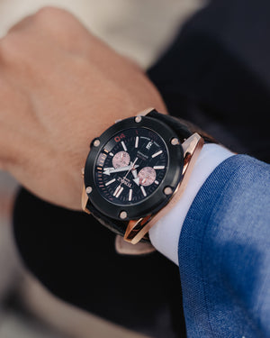 
                  
                    Load image into Gallery viewer, Hector GR04B-D3 (Rosegold/Black Bezel) Black Leather Strap
                  
                