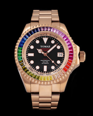 
                  
                    Load image into Gallery viewer, Ultimate Diver GR06-D13 (Rosegold/Black) with Rainbow Swarovski (Rosegold Stainless Steel)
                  
                