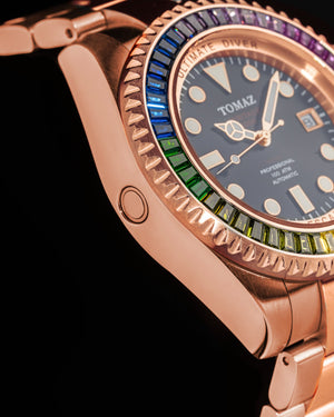 
                  
                    Load image into Gallery viewer, Ultimate Diver GR06-D13 (Rosegold/Black) with Rainbow Swarovski (Rosegold Stainless Steel)
                  
                