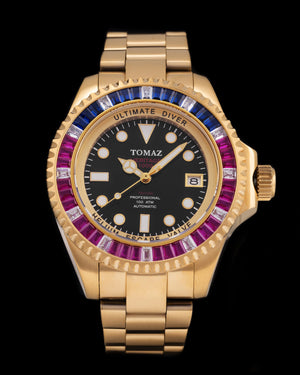 
                  
                    Load image into Gallery viewer, Ultimate Diver GR06-D6 (Gold/Black) with Pink Blue White Swarovski (Gold Stainless Steel)
                  
                