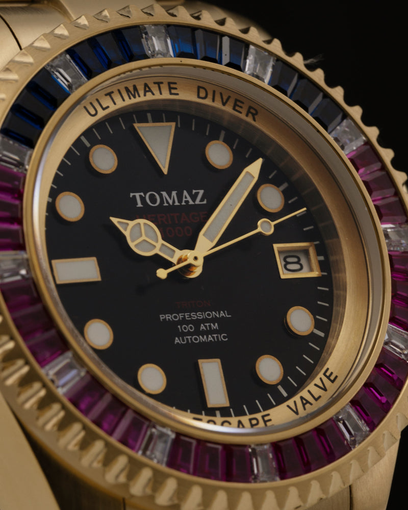 
                  
                    Load image into Gallery viewer, Ultimate Diver GR06-D6 (Gold/Black) with Pink Blue White Swarovski (Gold Stainless Steel)
                  
                