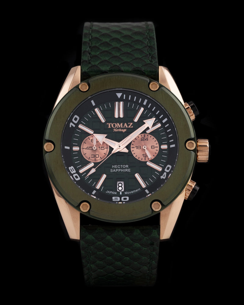 
                  
                    Load image into Gallery viewer, Hector GR04B-D13 (Rosegold/Green) Green Salmon Leather Strap
                  
                