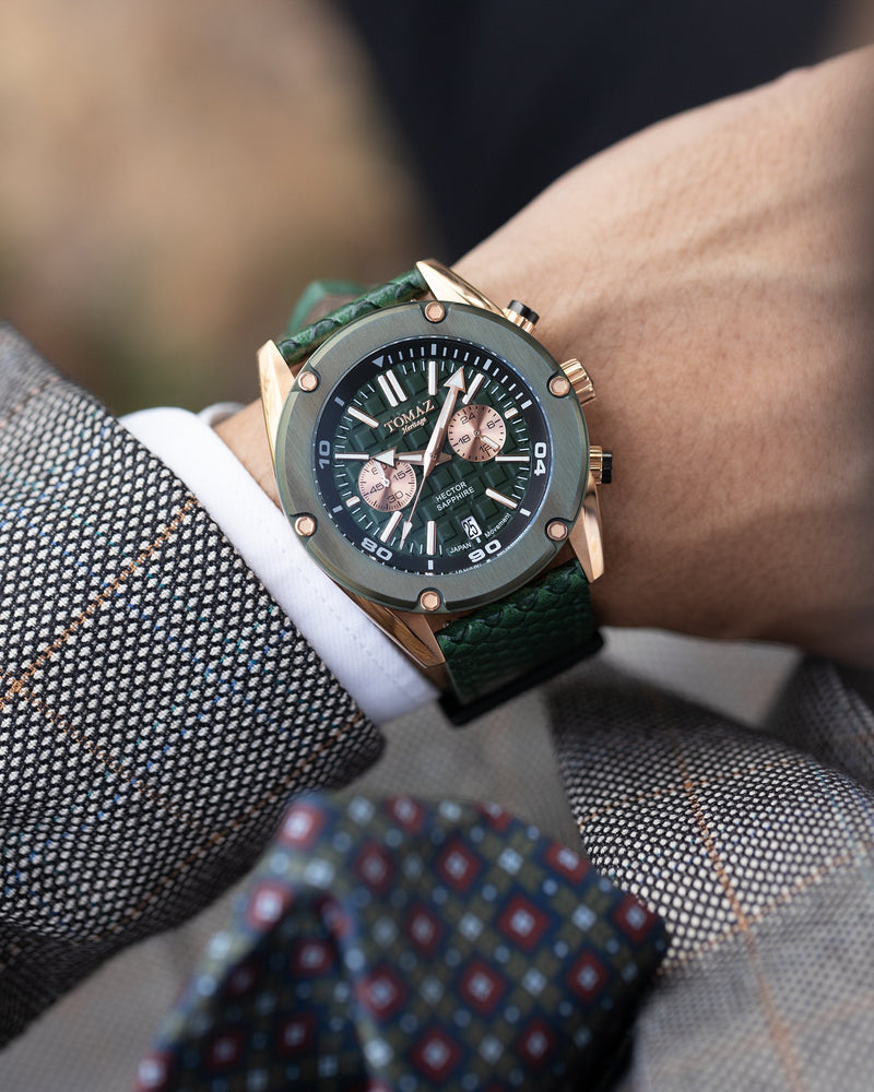 
                  
                    Load image into Gallery viewer, Hector GR04B-D13 (Rosegold/Green) Green Salmon Leather Strap
                  
                