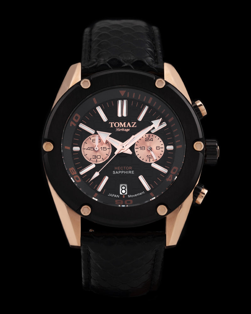 
                  
                    Load image into Gallery viewer, Hector GR04B-D3 (Rosegold/Black Bezel) Black Leather Strap
                  
                