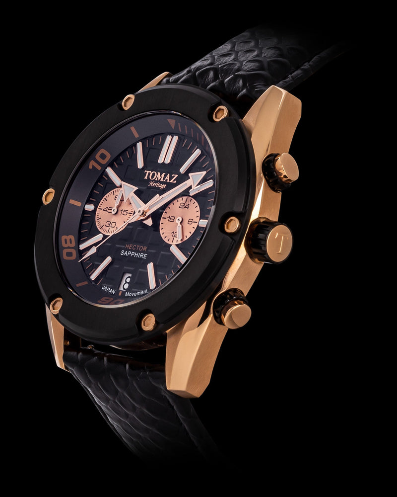 
                  
                    Load image into Gallery viewer, Hector GR04B-D3 (Rosegold/Black Bezel) Black Leather Strap
                  
                