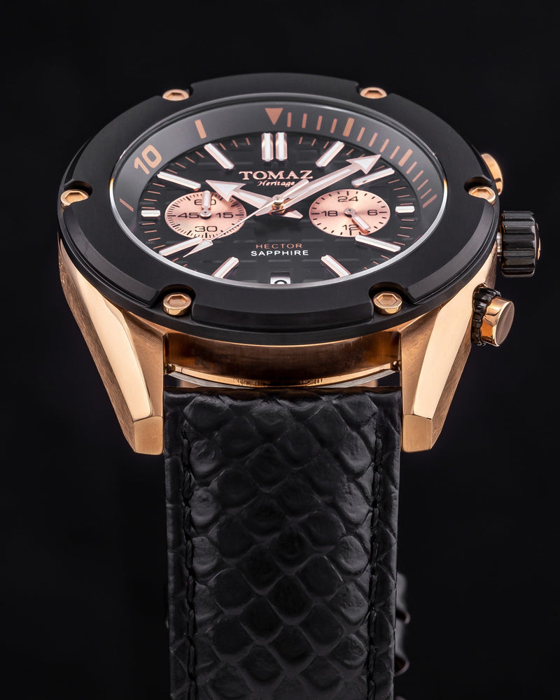 
                  
                    Load image into Gallery viewer, Hector GR04B-D3 (Rosegold/Black Bezel) Black Leather Strap
                  
                