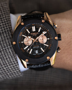 
                  
                    Load image into Gallery viewer, Hector GR04B-D3 (Rosegold/Black Bezel) Black Leather Strap
                  
                