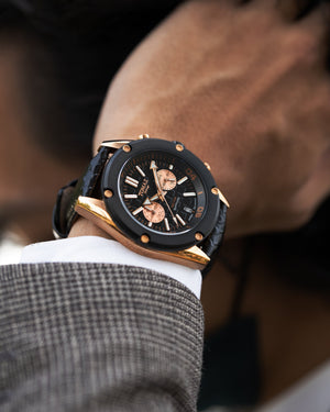 
                  
                    Load image into Gallery viewer, Hector GR04B-D3 (Rosegold/Black Bezel) Black Leather Strap
                  
                