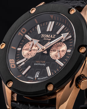 
                  
                    Load image into Gallery viewer, Hector GR04B-D3 (Rosegold/Black Bezel) Black Leather Strap
                  
                