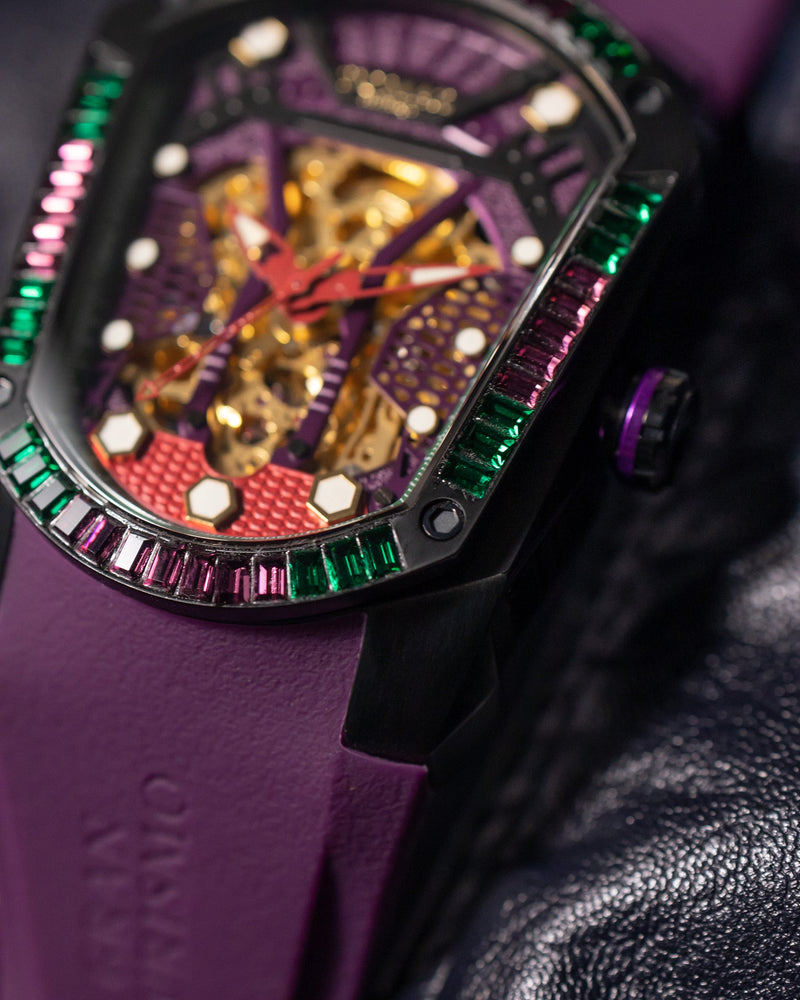 
                  
                    Load image into Gallery viewer, GT Skeleton TW028-D18 (Purple) with Purple Green Swarovski (Purple Rubber Strap)
                  
                