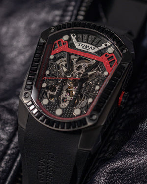 
                  
                    Load image into Gallery viewer, GT Skeleton TW028-D1 (Black/Red) with Black Swarovski (Black Rubber Strap)
                  
                