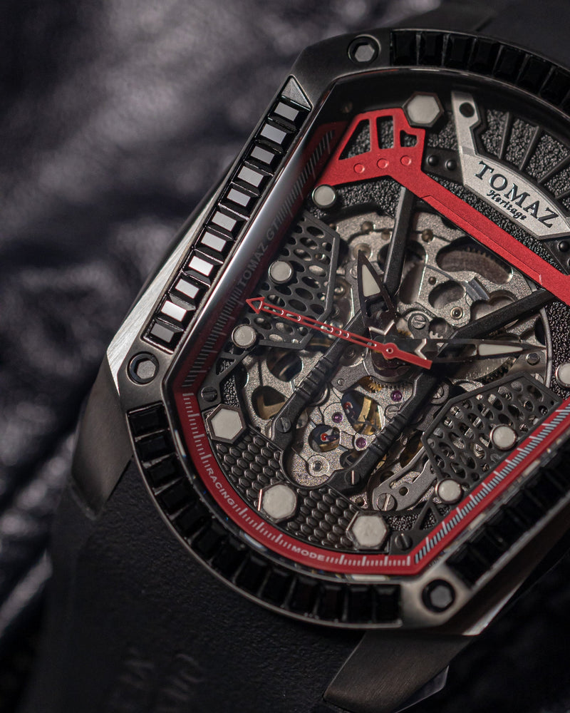 
                  
                    Load image into Gallery viewer, GT Skeleton TW028-D1 (Black/Red) with Black Swarovski (Black Rubber Strap)
                  
                