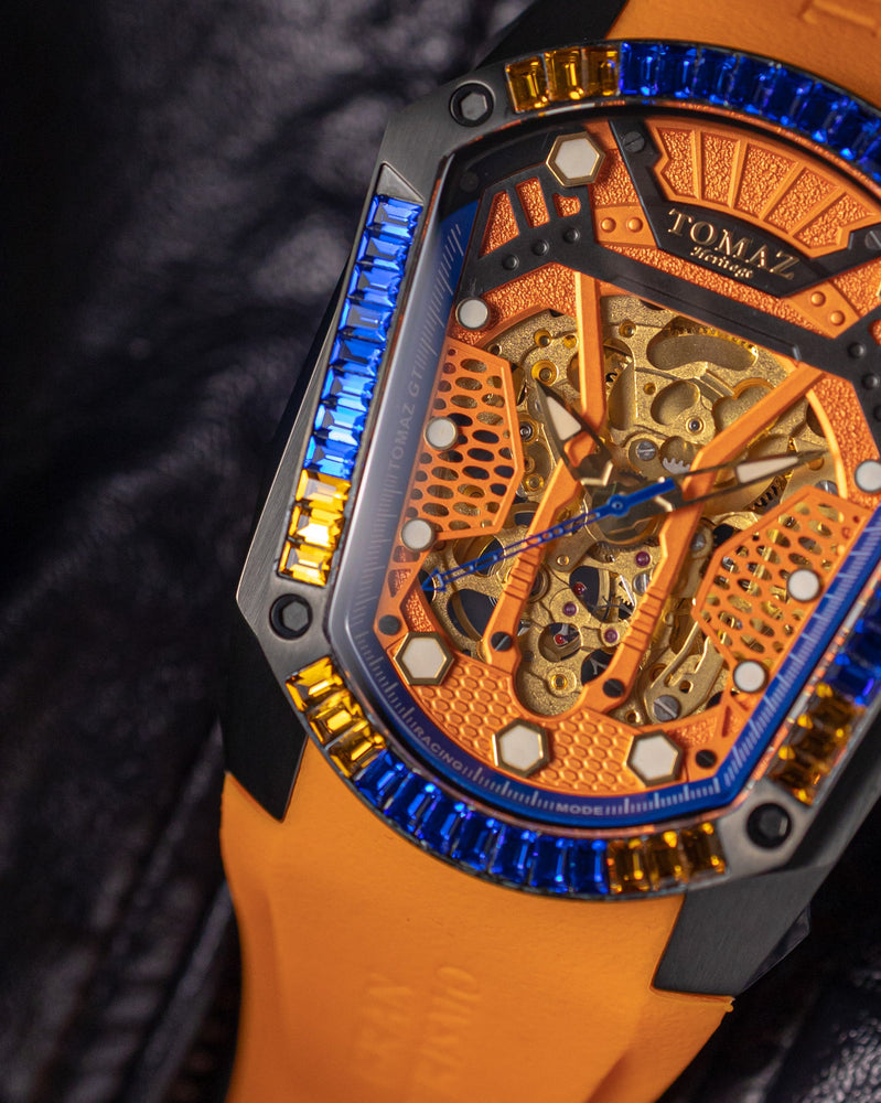 
                  
                    Load image into Gallery viewer, GT Skeleton TW028-D15 (Black/Orange) with Orange Blue Swarovski (Orange Rubber Strap)
                  
                