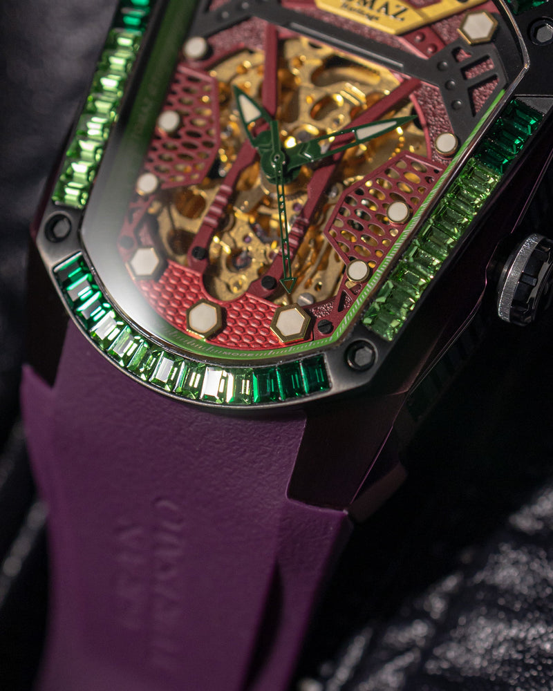 
                  
                    Load image into Gallery viewer, GT Skeleton TW028-D19 (Purple) with Purple Green Swarovski (Purple Rubber Strap)
                  
                