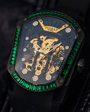 
                  
                    Load image into Gallery viewer, GT Skeleton TW028-D26 (Black) with Green Swarovski (Black Rubber Strap)
                  
                