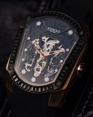 
                  
                    Load image into Gallery viewer, GT Skeleton TW028-D8 (Rosegold/Black) with Black Swarovski (Black Rubber Strap)
                  
                