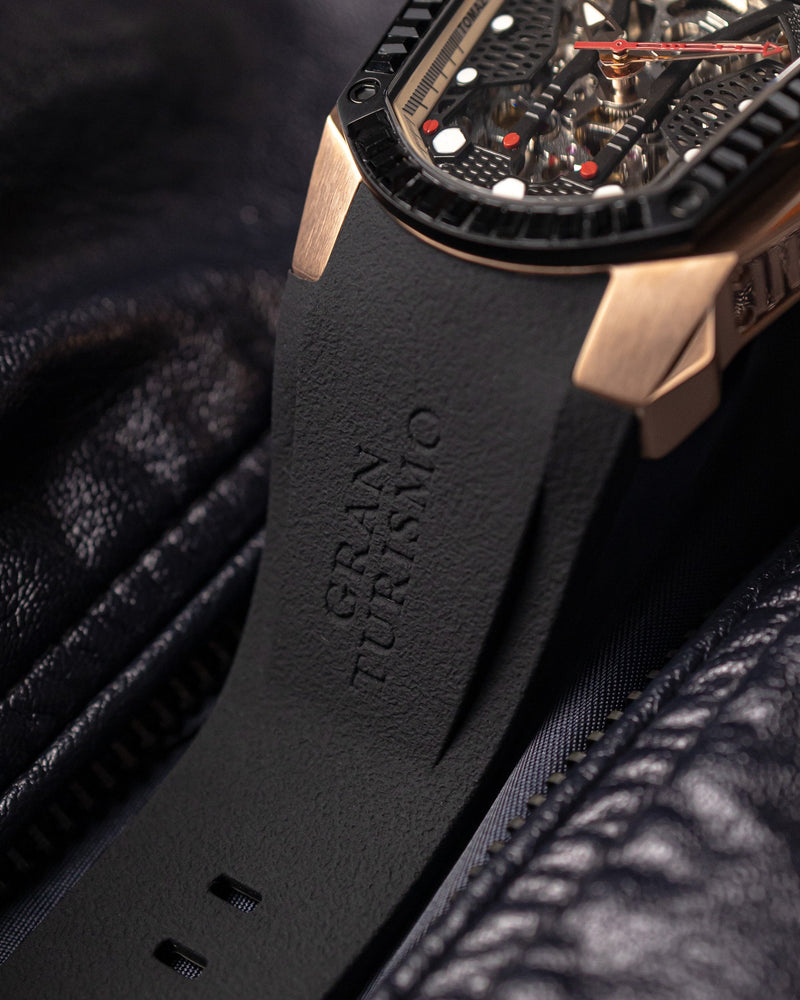 
                  
                    Load image into Gallery viewer, GT Skeleton TW028-D8 (Rosegold/Black) with Black Swarovski (Black Rubber Strap)
                  
                