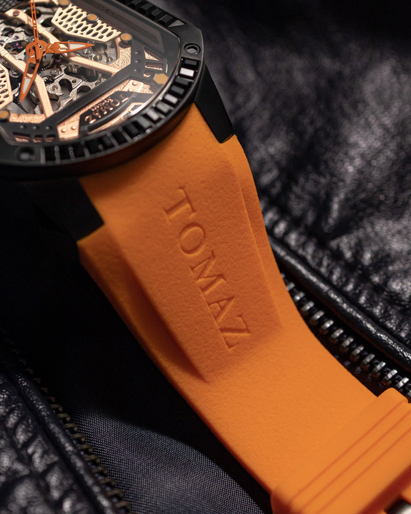 
                  
                    Load image into Gallery viewer, GT Skeleton TW028-D6 (Black/Orange) with Black Swarovski (Orange Rubber Strap)
                  
                