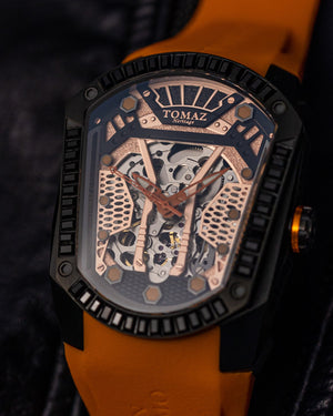 
                  
                    Load image into Gallery viewer, GT Skeleton TW028-D6 (Black/Orange) with Black Swarovski (Orange Rubber Strap)
                  
                