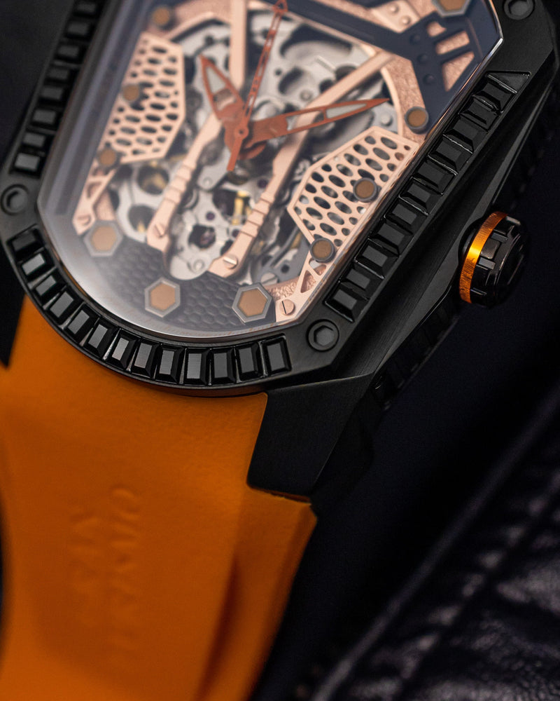 
                  
                    Load image into Gallery viewer, GT Skeleton TW028-D6 (Black/Orange) with Black Swarovski (Orange Rubber Strap)
                  
                