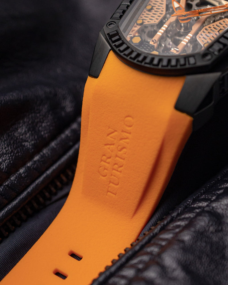 
                  
                    Load image into Gallery viewer, GT Skeleton TW028-D6 (Black/Orange) with Black Swarovski (Orange Rubber Strap)
                  
                