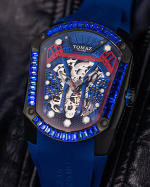 
                  
                    Load image into Gallery viewer, GT Skeleton TW028-D9 (Black/Blue) with Blue Swarovski (Blue Rubber Strap)
                  
                