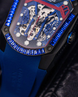 
                  
                    Load image into Gallery viewer, GT Skeleton TW028-D9 (Black/Blue) with Blue Swarovski (Blue Rubber Strap)
                  
                