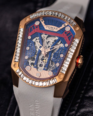 
                  
                    Load image into Gallery viewer, GT Skeleton TW028-D10 (Rosegold/Blue) with White Swarovski (White Rubber Strap)
                  
                