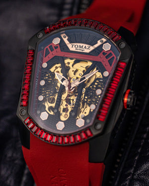 
                  
                    Load image into Gallery viewer, GT Skeleton TW028-D4 (Black/Red) with Red Swarovski (Red Rubber Strap)
                  
                