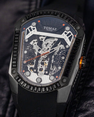 
                  
                    Load image into Gallery viewer, GT Skeleton TW028-D3 (Silver/Black) with Black Swarovski (Black Rubber Strap)
                  
                