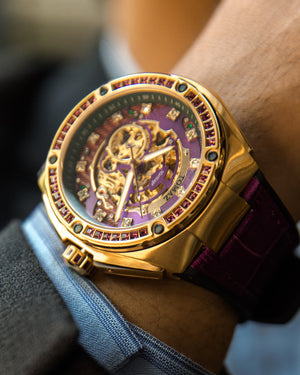 
                  
                    Load image into Gallery viewer, Xavier XL TW033-D6 (Gold/Purple) with Purple Swarovski (Purple Bamboo Leather  Strap)
                  
                