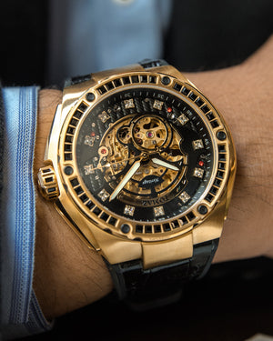 
                  
                    Load image into Gallery viewer, Xavier XL TW033-D11 (Gold/Black) with Black Swarovski (Black Leather Strap)
                  
                