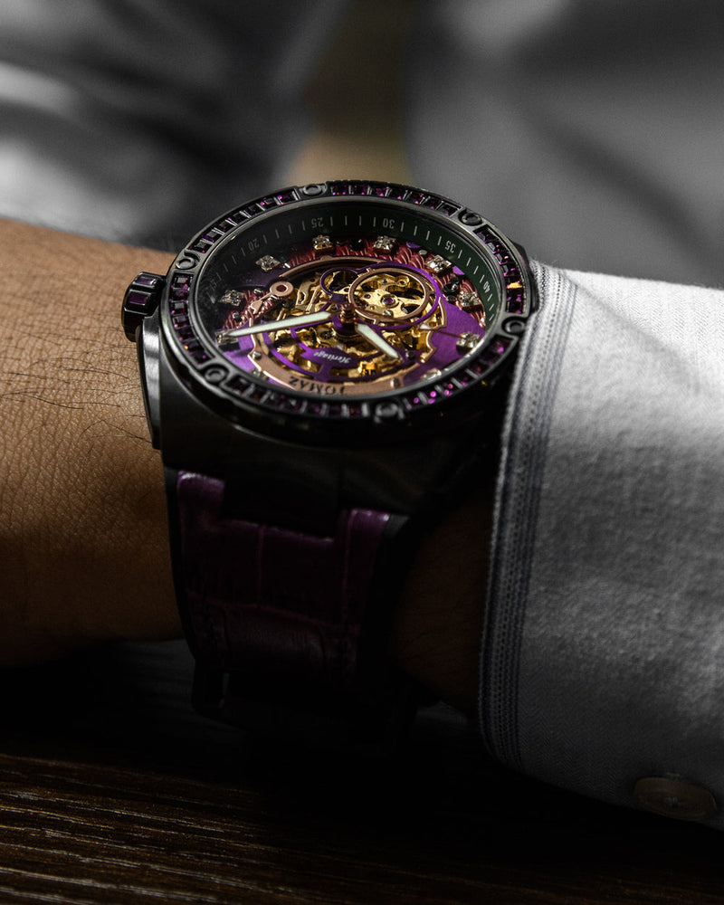 
                  
                    Load image into Gallery viewer, Xavier XL TW033-D2 (Black/Purple) with Purple Swarovski (Purple Bamboo Leather Strap)
                  
                