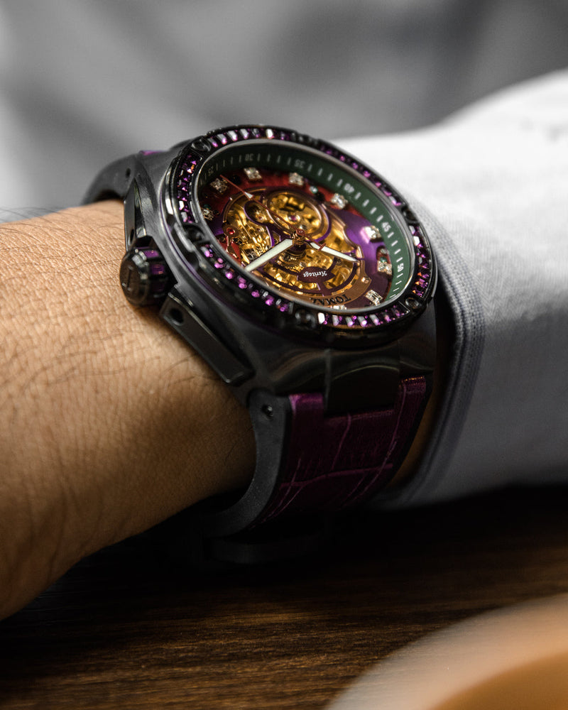 
                  
                    Load image into Gallery viewer, Xavier XL TW033-D2 (Black/Purple) with Purple Swarovski (Purple Bamboo Leather Strap)
                  
                