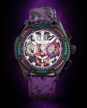 
                  
                    Load image into Gallery viewer, RAWR III TW024E-D7 (Black/White) with Purple Green Swarovski (Purple Snake Leather Strap)
                  
                