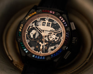 
                  
                    Load image into Gallery viewer, RAWR III TW024D-D4 (Black/Rosegold) with Rainbow Swarovski 9Black Leather Strap)
                  
                