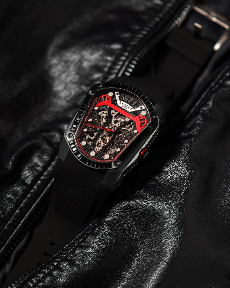 
                  
                    Load image into Gallery viewer, GT Skeleton TW028-D1 (Black/Red) with Black Swarovski (Black Rubber Strap)
                  
                