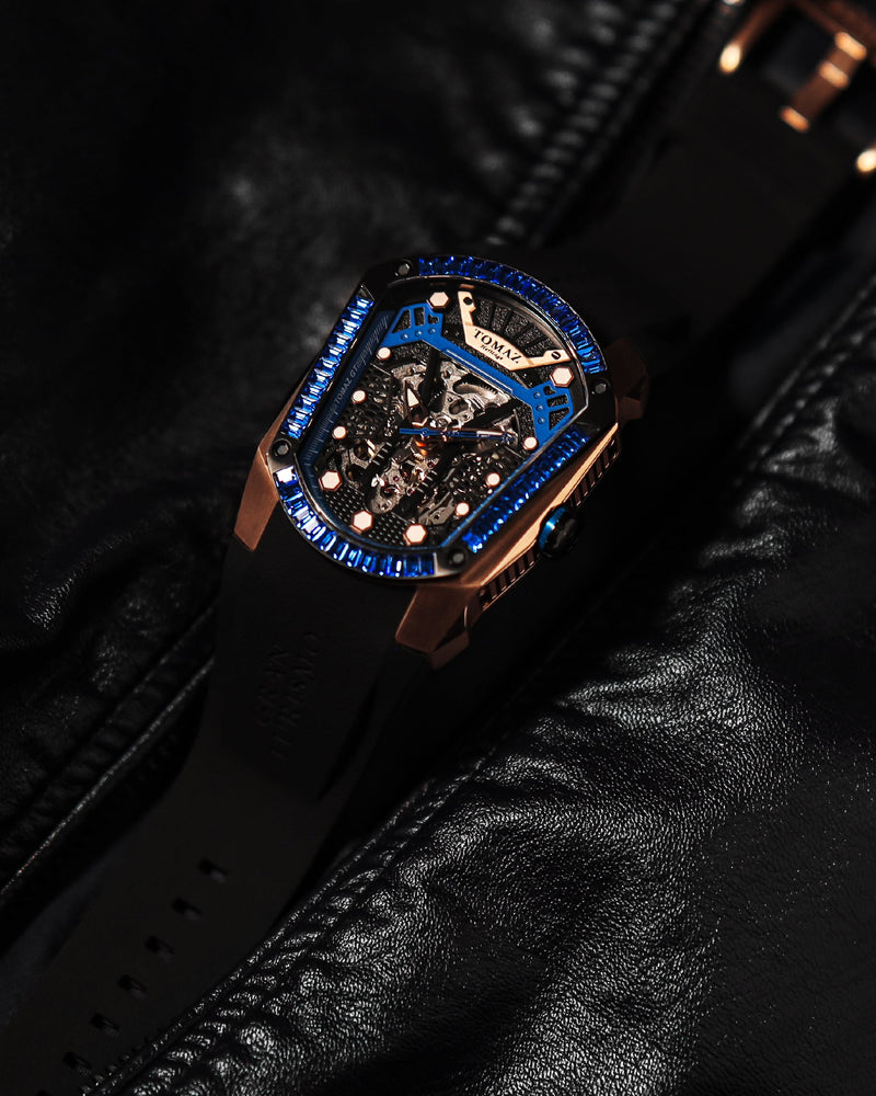 
                  
                    Load image into Gallery viewer, GT Skeleton TW028-D7 (Rosegold/Blue) with Blue Swarovski (Black Rubber Strap)
                  
                