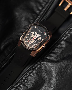 
                  
                    Load image into Gallery viewer, GT Skeleton TW028-D8 (Rosegold/Black) with Black Swarovski (Black Rubber Strap)
                  
                