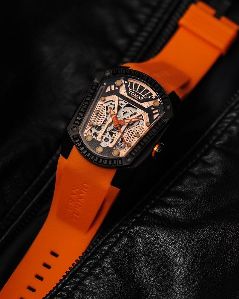 
                  
                    Load image into Gallery viewer, GT Skeleton TW028-D6 (Black/Orange) with Black Swarovski (Orange Rubber Strap)
                  
                