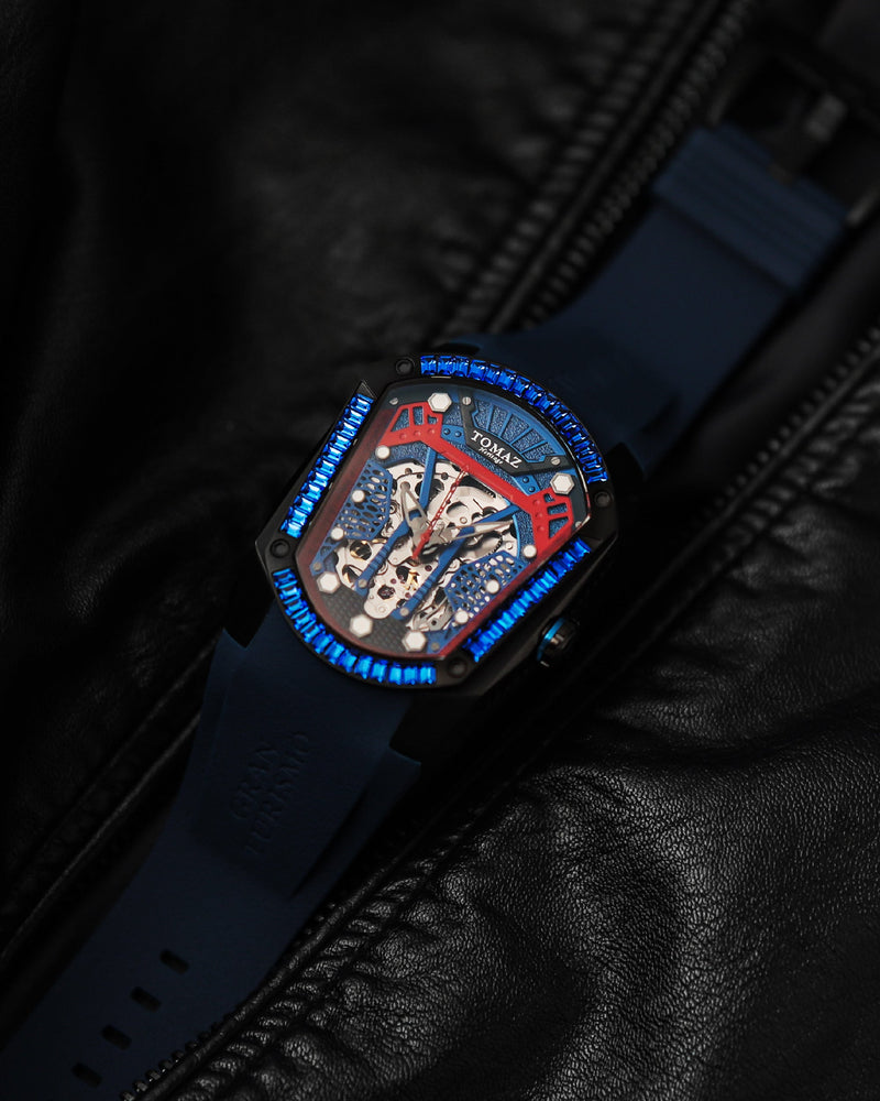 
                  
                    Load image into Gallery viewer, GT Skeleton TW028-D9 (Black/Blue) with Blue Swarovski (Blue Rubber Strap)
                  
                