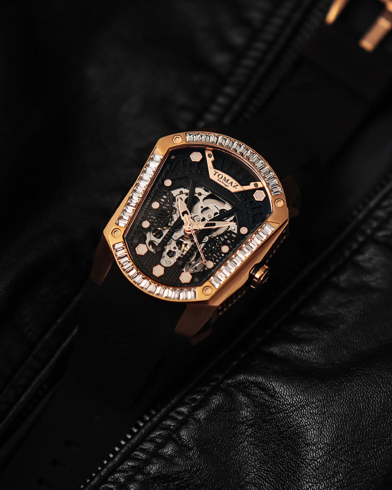 
                  
                    Load image into Gallery viewer, GT Skeleton TW028-D5 (Rosegold/Black) with White Swarovski (Black Rubber Strap)
                  
                