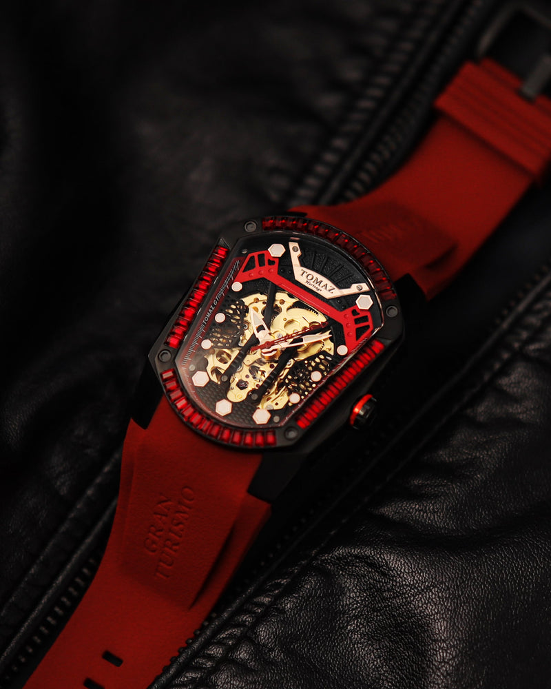 
                  
                    Load image into Gallery viewer, GT Skeleton TW028-D4 (Black/Red) with Red Swarovski (Red Rubber Strap)
                  
                